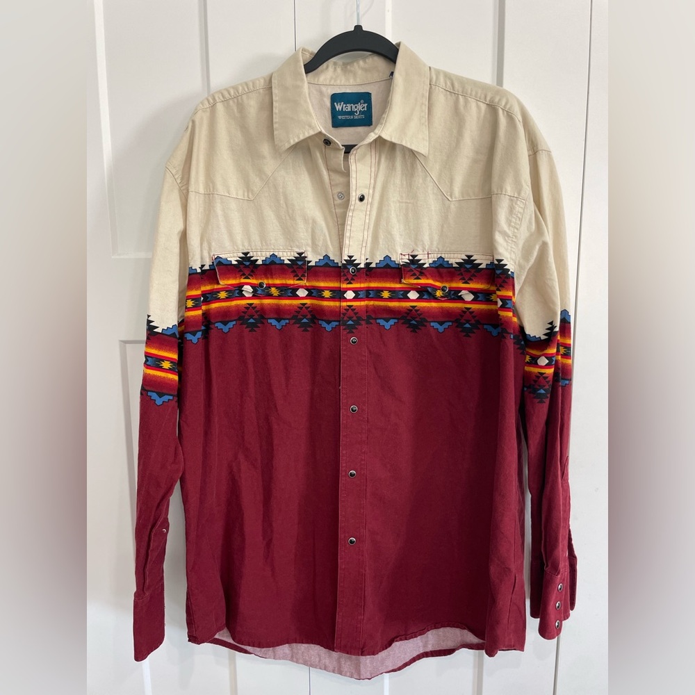Vintage Wrangler Brushpopper Shirt Mens XL Aztec Tribal Print Western Black Snap